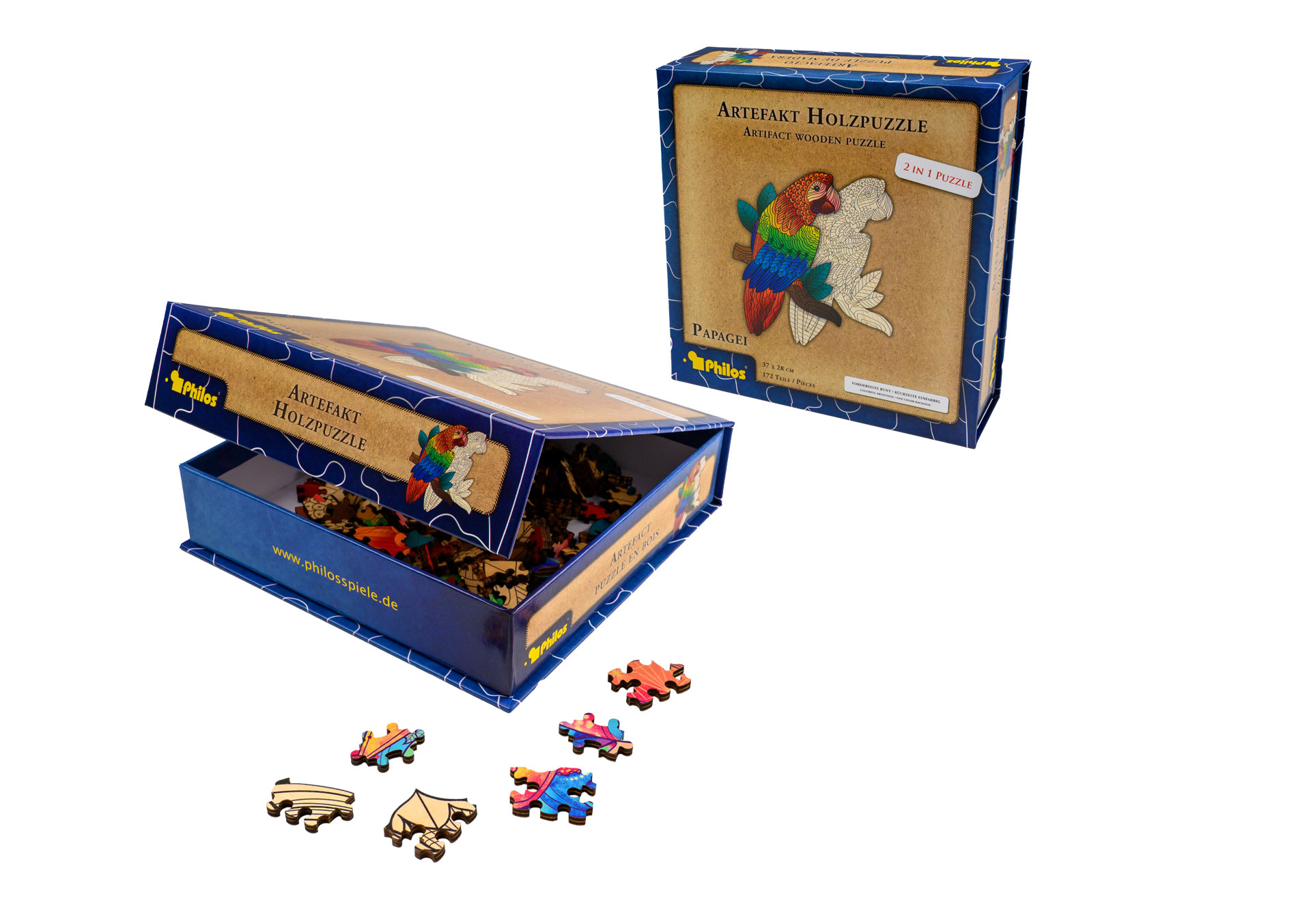 Artefakt Holzpuzzle 2 in 1 Papagei, 172 Teile, in magnetischer Klappschachtel