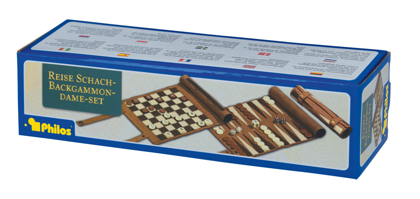 Schach Backgammon Dame Set, Reise, Kunstleder, Feld 25 mm