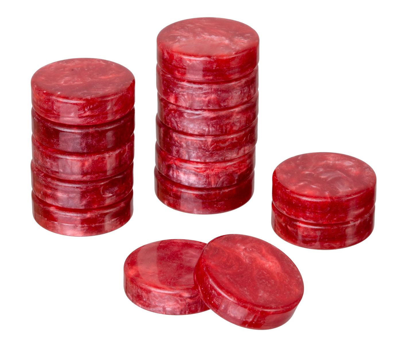 Spielsteine, Backgammon, Turnier, 40 x 10 mm, Kunststoff, rot weiß, inkl. Würfel