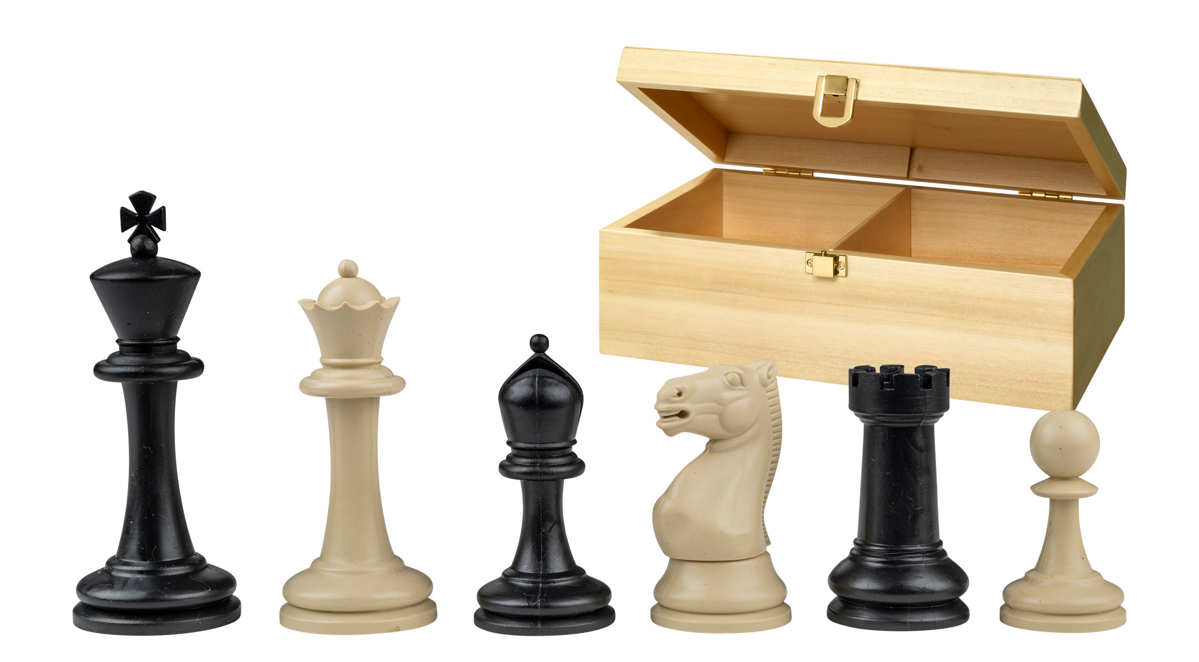 Chess pieces Nerva, king height 95 mm, plastic, black cream, in wooden box