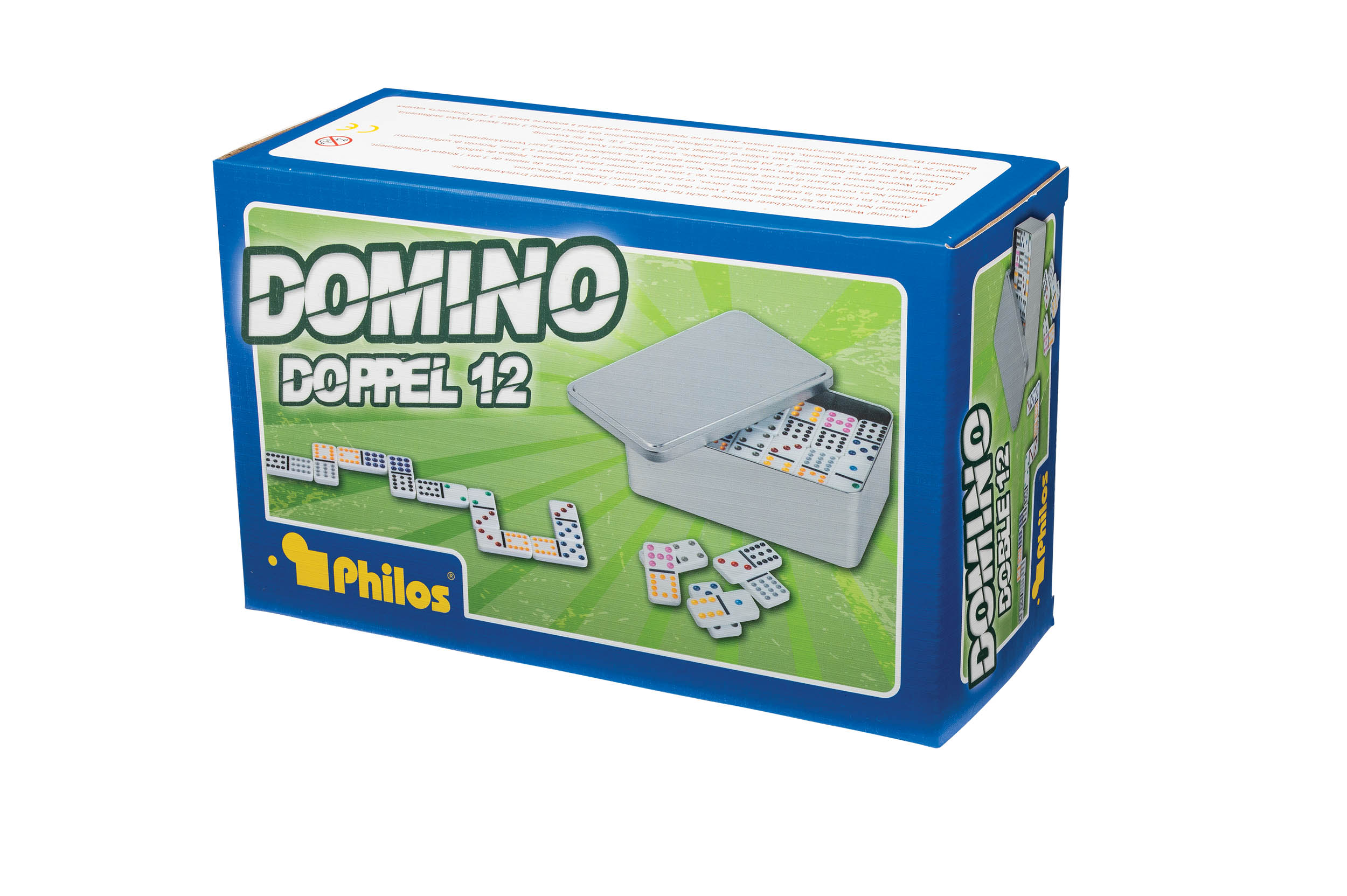 Domino, double 12, in metal box