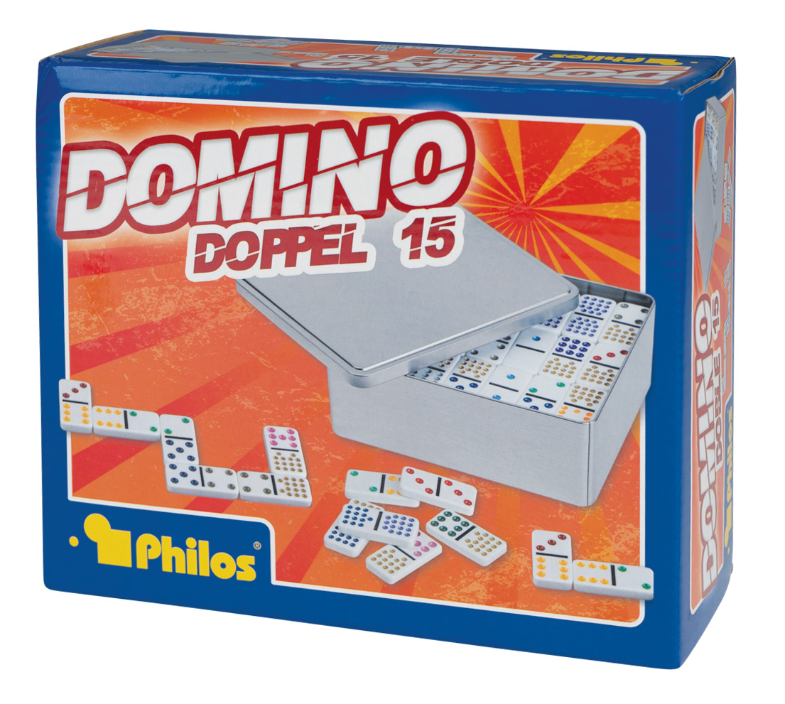 Domino, Doppel 15, in Metallbox