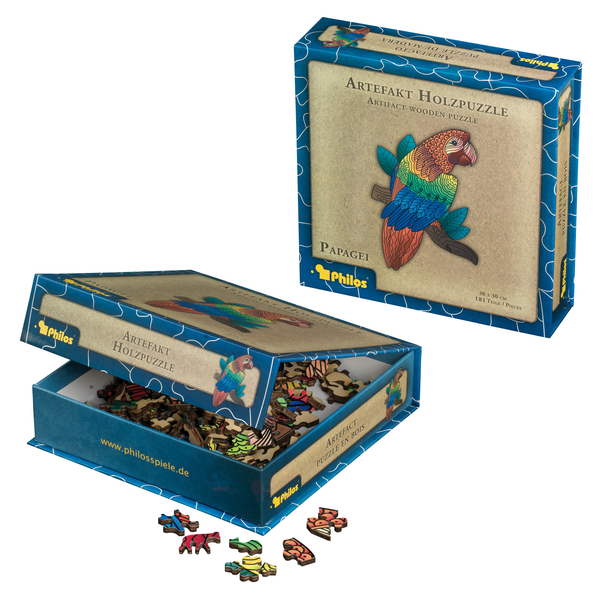 Artefakt Holzpuzzle Papagei, 181 Teile, in magnetischer Klappschachtel
