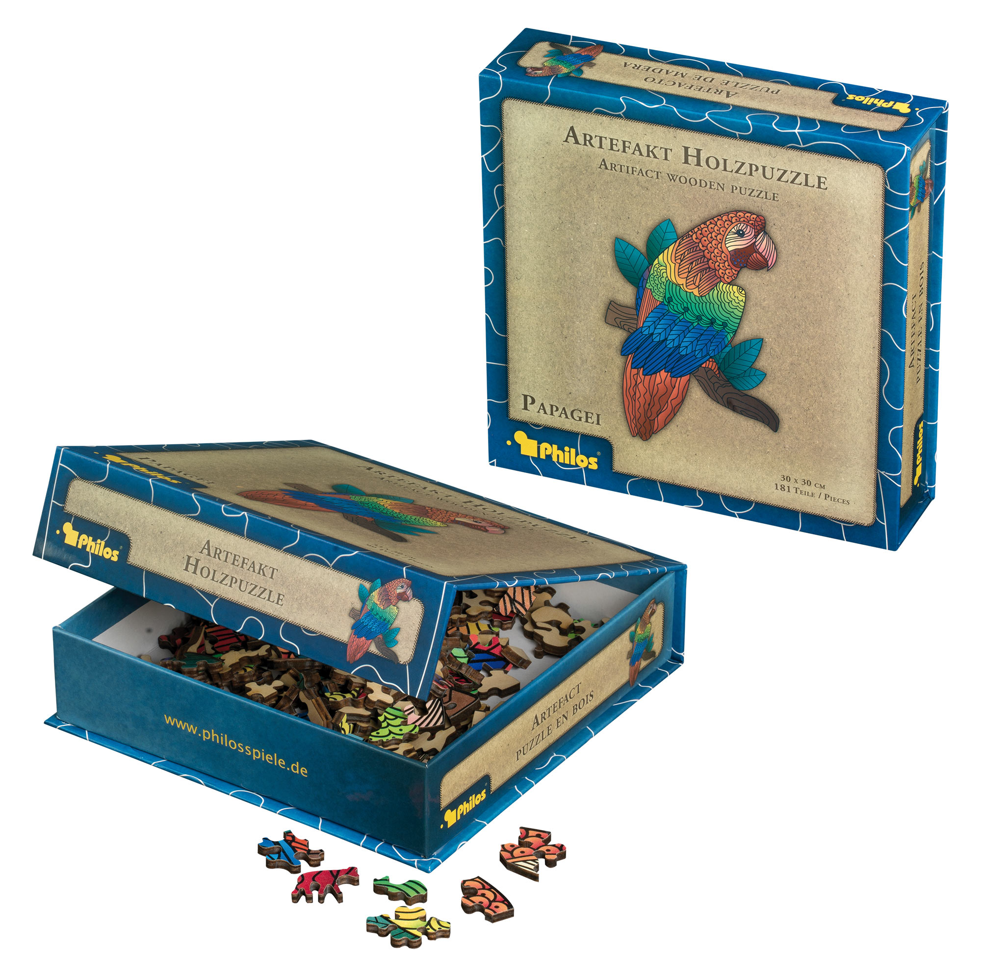 Artefakt Holzpuzzle Papagei, 181 Teile, in magnetischer Klappschachtel Artefakt Holzpuzzle Papagei, 181 Teile, in magnetischer Klappschachtel
