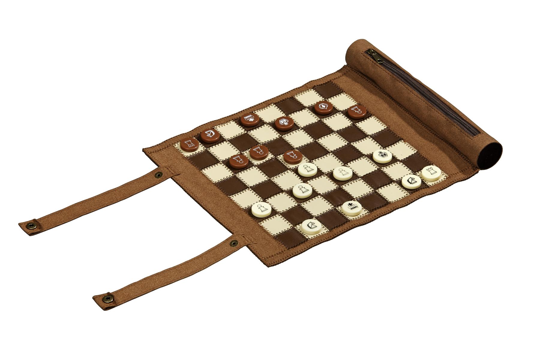 Schach Backgammon Dame Set, Reise, Kunstleder, Feld 25 mm
