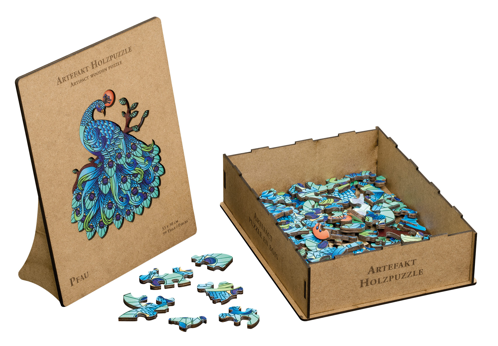 Artefakt Holzpuzzle Pfau, 99 Teile, in Holzbox Artefakt Holzpuzzle Pfau, 99 Teile, in Holzbox