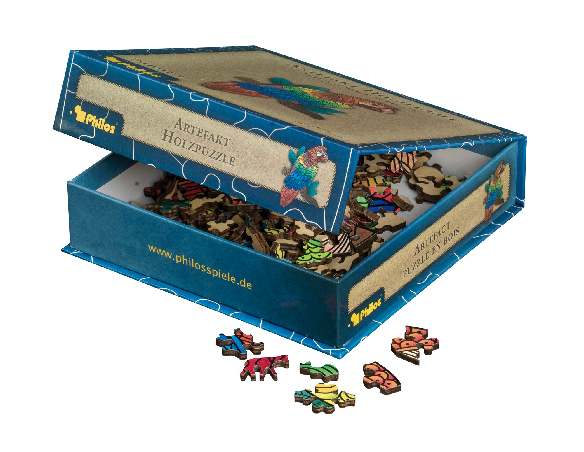 Artefakt Holzpuzzle Papagei, 181 Teile, in magnetischer Klappschachtel Artefakt Holzpuzzle Papagei, 181 Teile, in magnetischer Klappschachtel