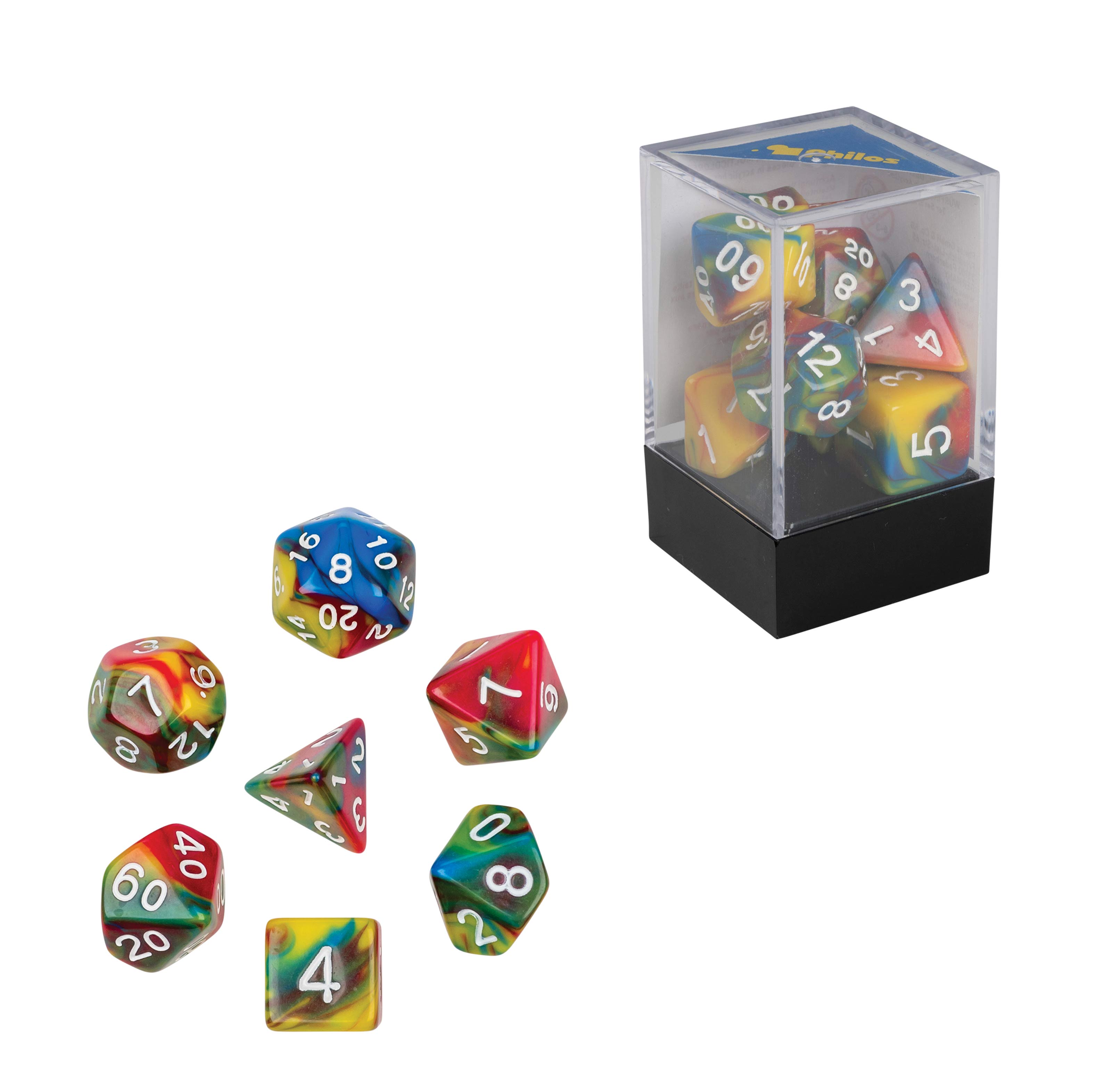 Dice, oblivion, multicolored, Set of 7 in acrylic box