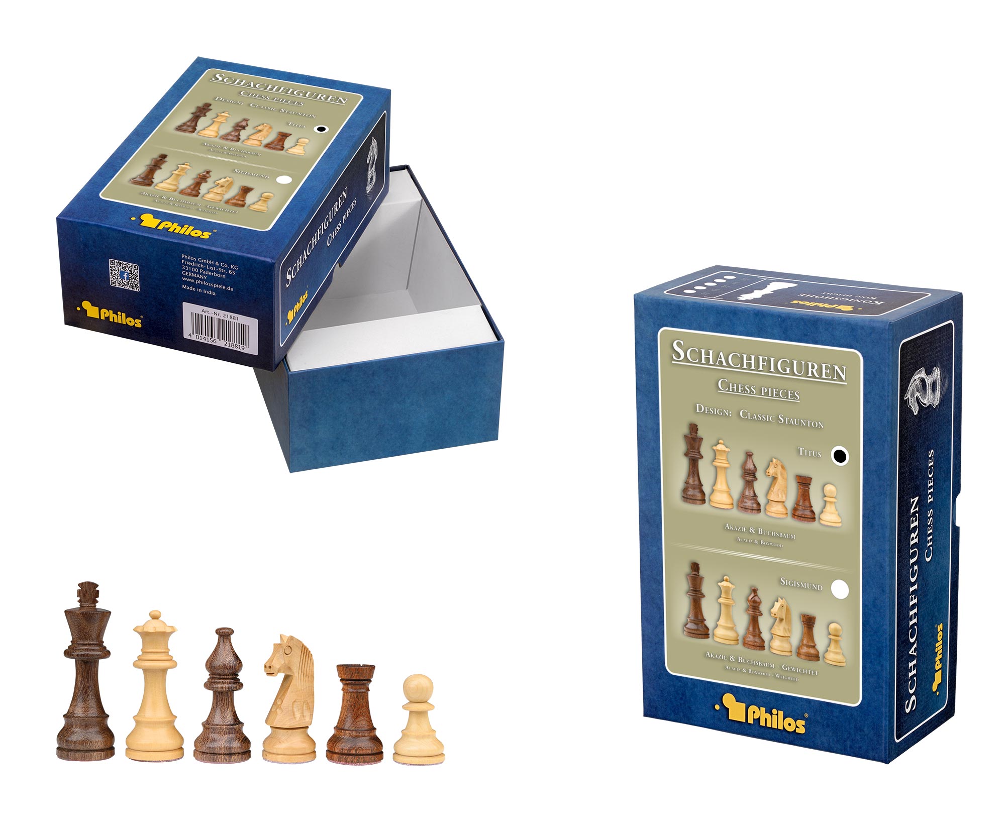 Schachfiguren Titus, Königshöhe 65 mm, in Set-Up Box