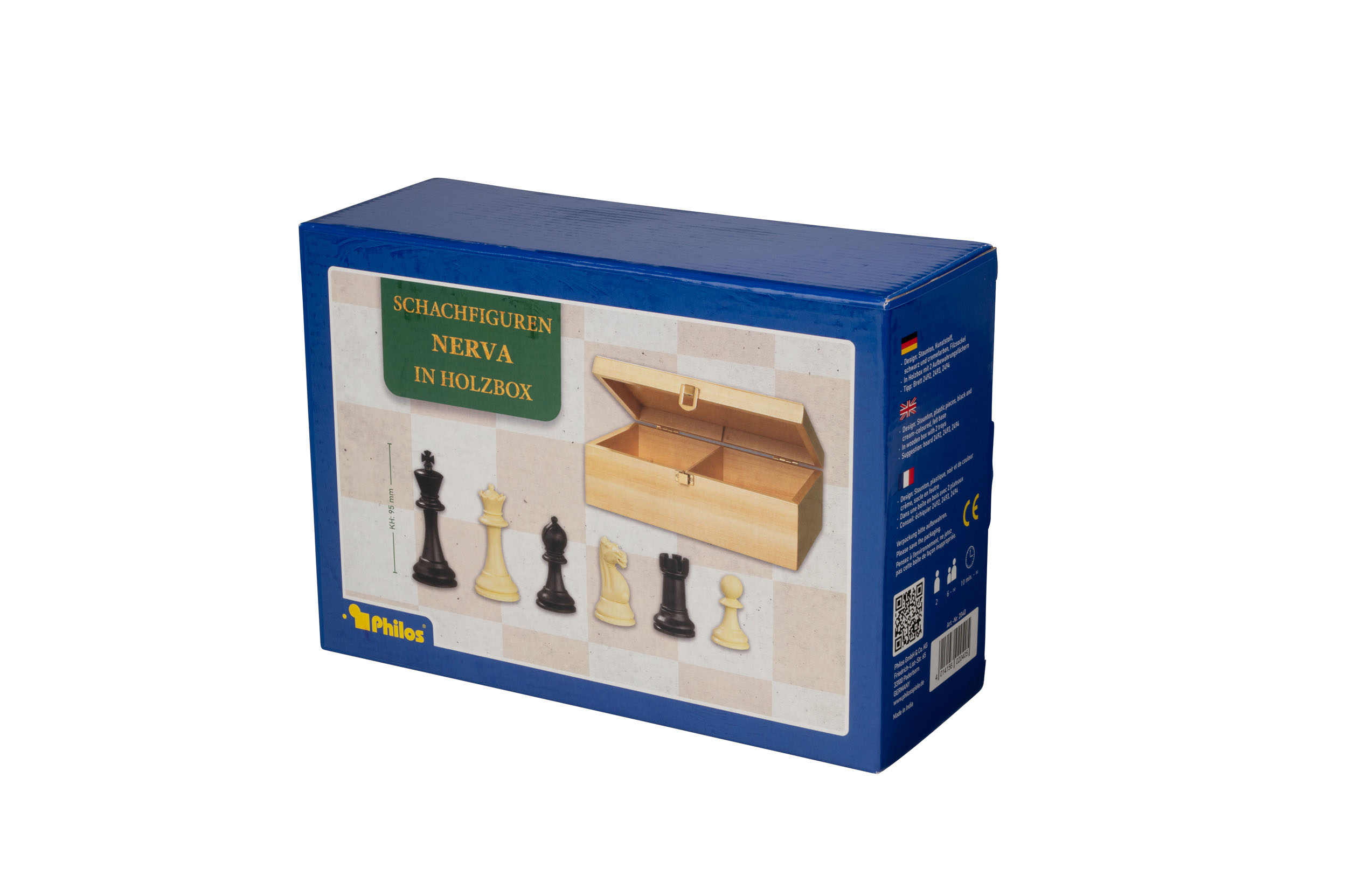 Schachfiguren Nerva, Königshöhe 95 mm, Kunststoff, schwarz creme, in Holzbox