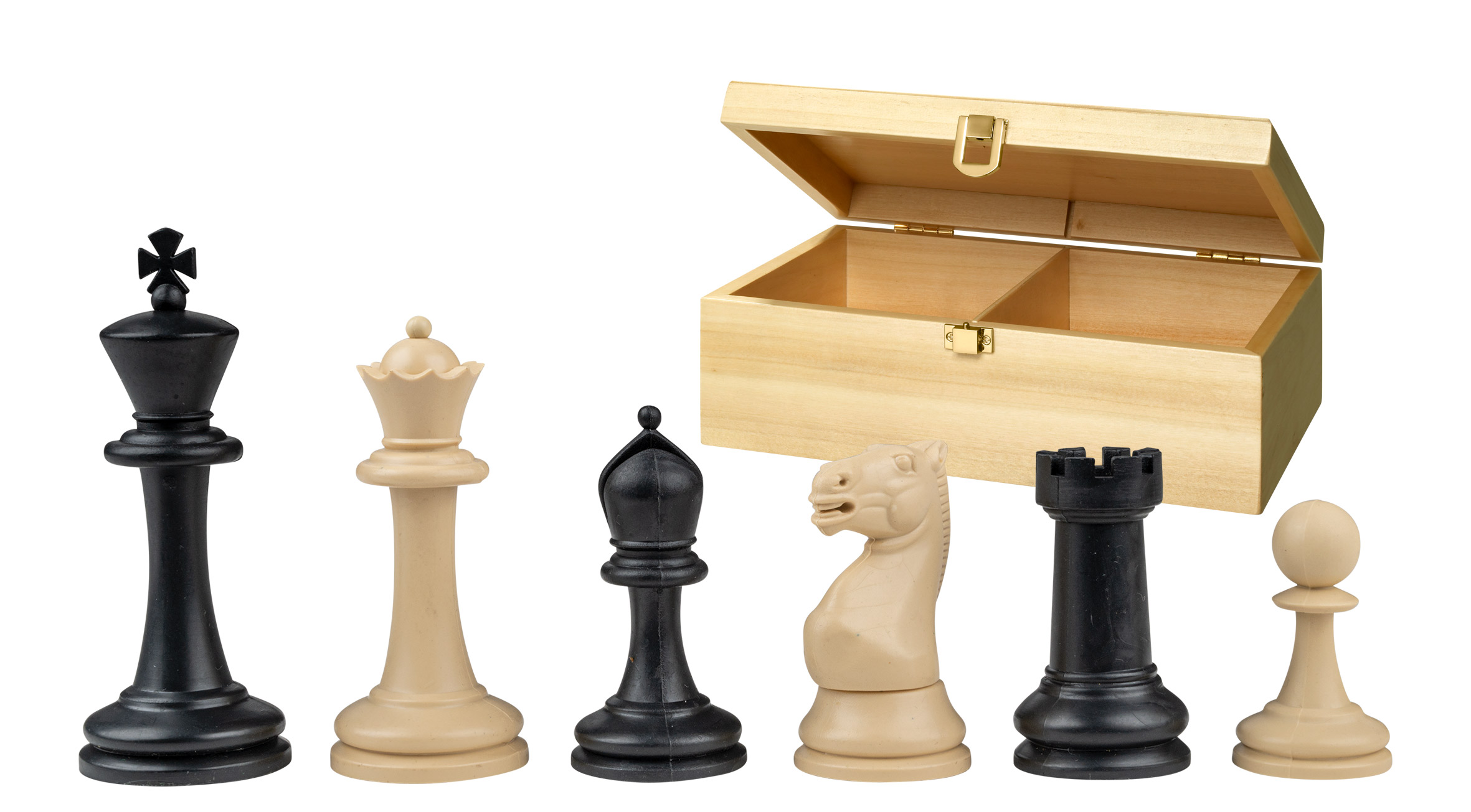 Chess pieces Nerva, king height 95 mm, plastic, black cream, weighted,in wooden box