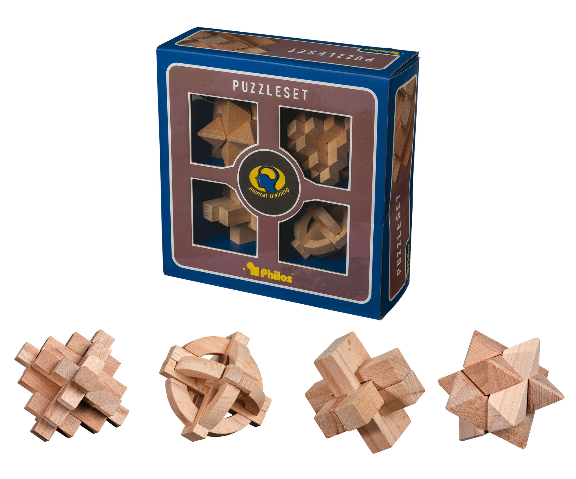 Puzzleset, number two, beech, 4 brainteasers