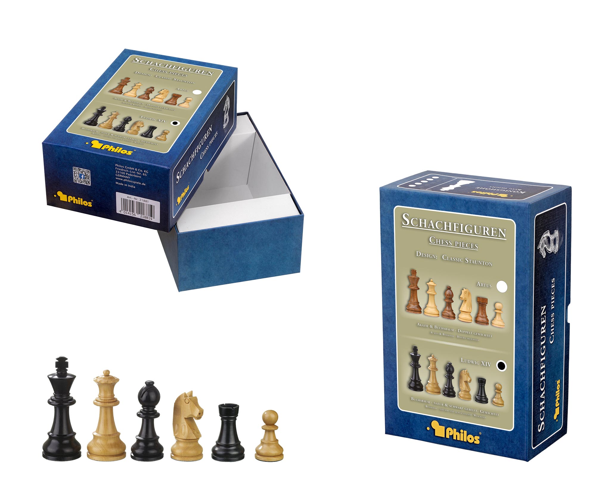 Chess pieces Ludwig XIV, king height 90 mm, in set-up box