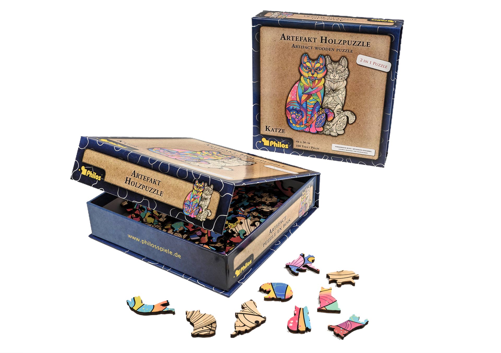 Artefakt Holzpuzzle 2 in 1 Katze, 160 Teile in magnetischer Klappschachtel