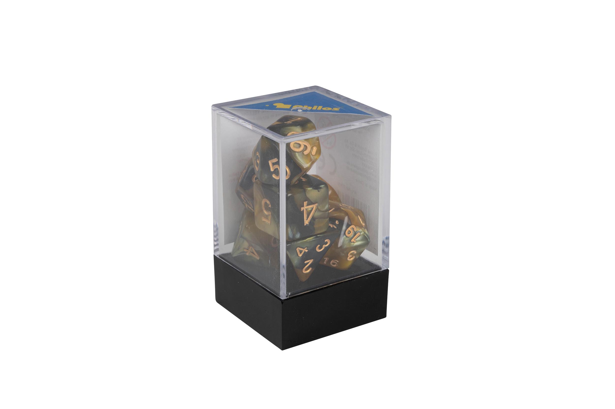 Dice, oblivion, yellow, Set of 7 in acrylic box
