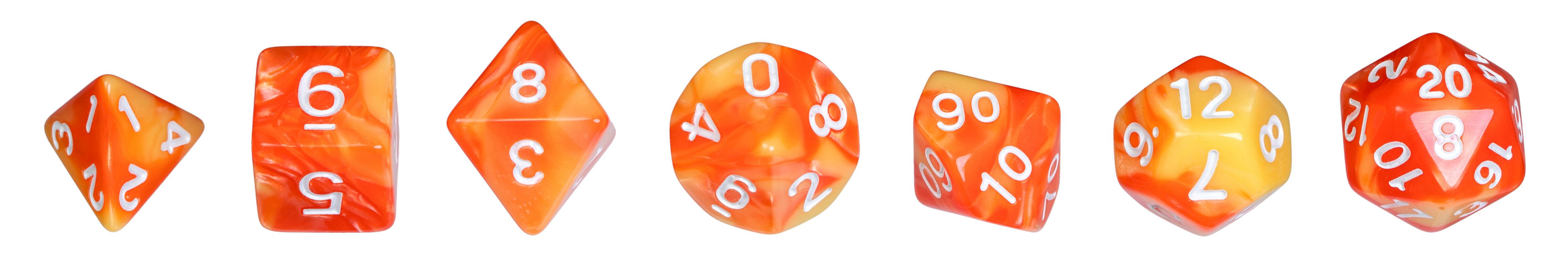 Dice, oblivion, orange, Set of 7 in acrylic box