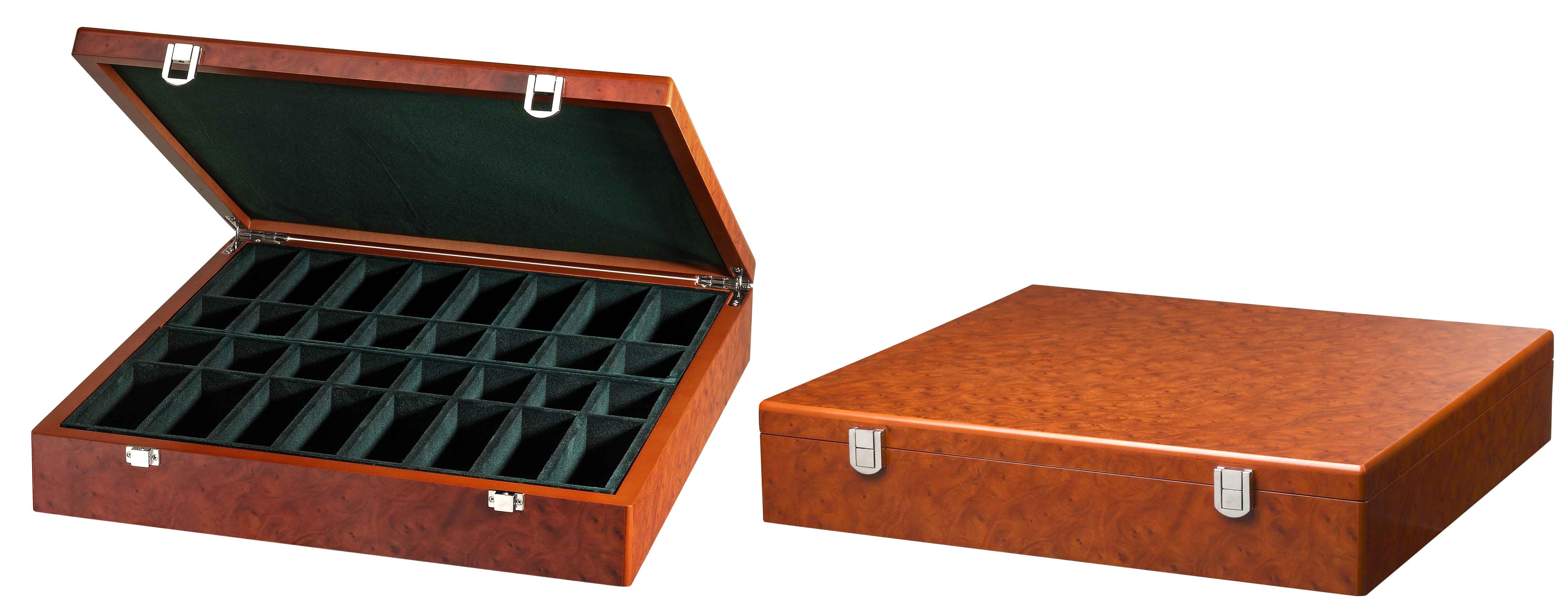 Schachfigurenbox Exklusiv, Wurzelholzoptik, 430 x 425 x 85 mm, mit Einzelfächern