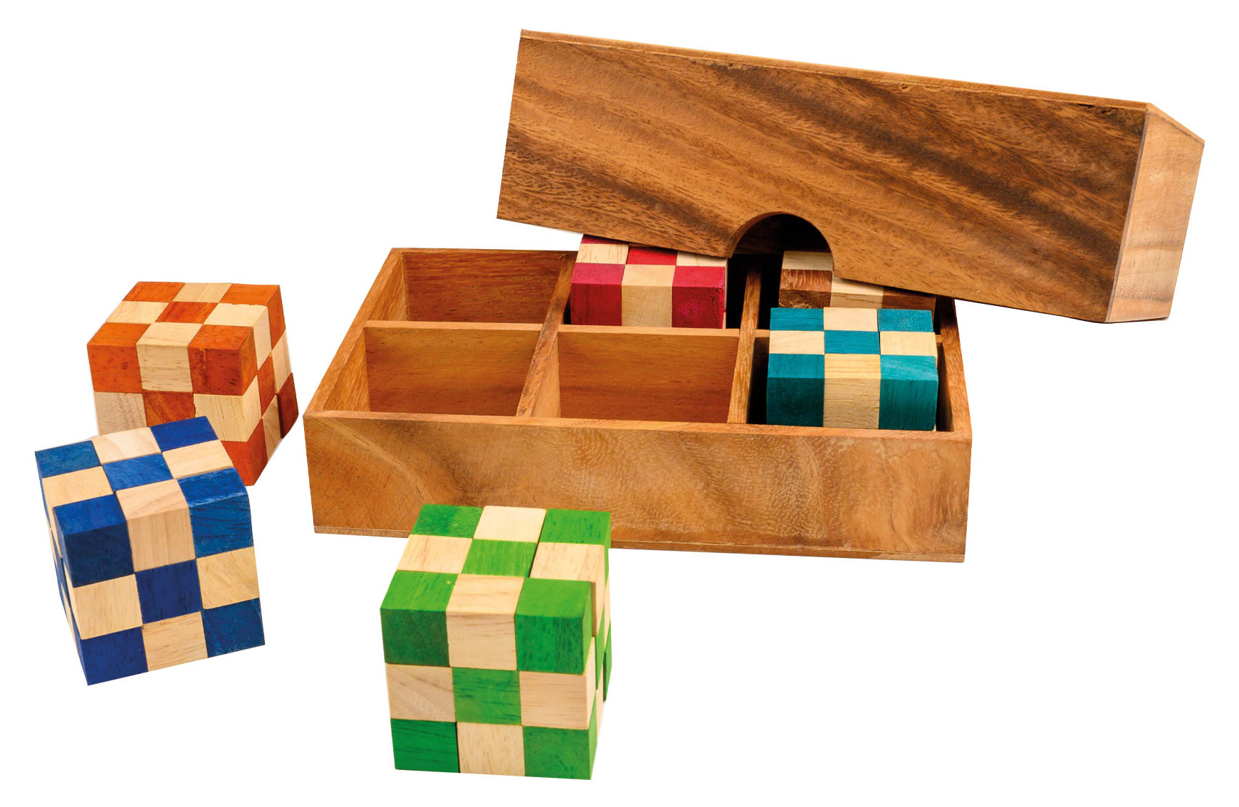 Snake cube set, in wooden box, 6 pieces