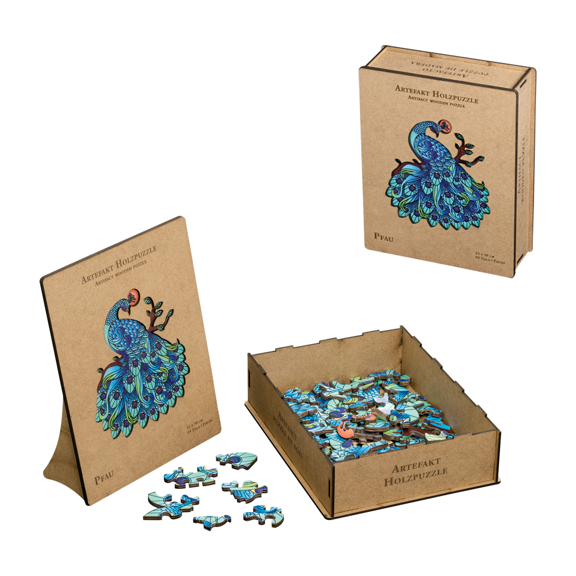 Artefakt Holzpuzzle Pfau, 99 Teile, in Holzbox Artefakt Holzpuzzle Pfau, 99 Teile, in Holzbox
