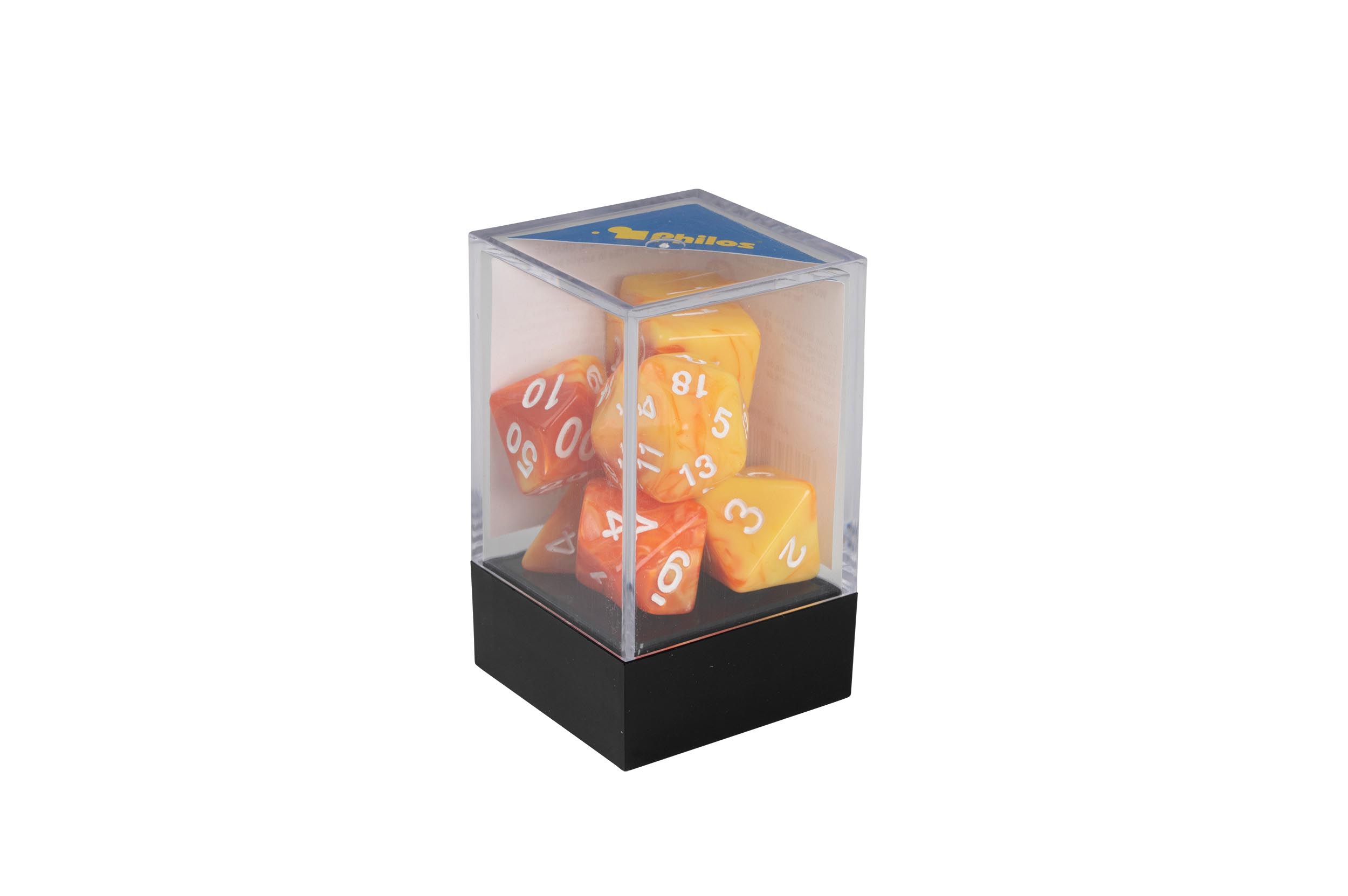 Dice, oblivion, orange, Set of 7 in acrylic box