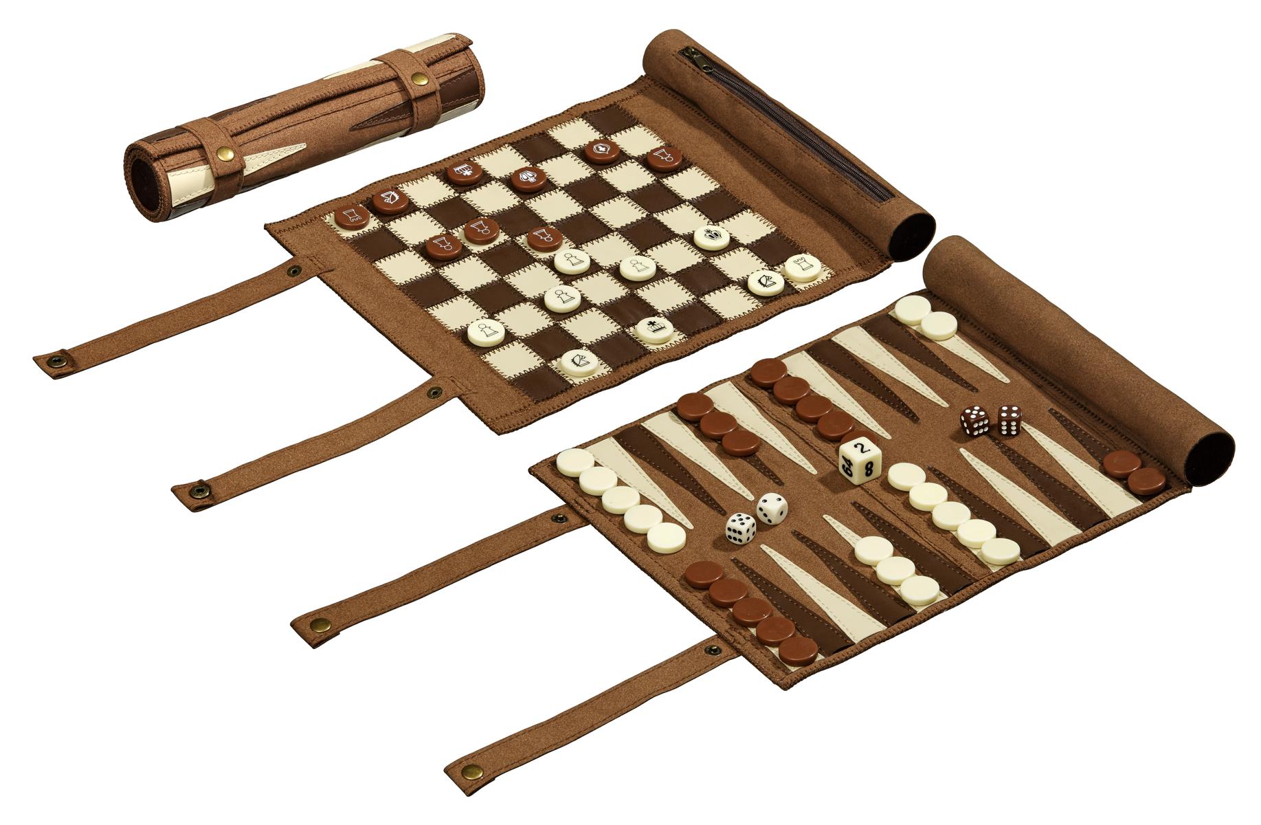 Schach Backgammon Dame Set, Reise, Kunstleder, Feld 25 mm