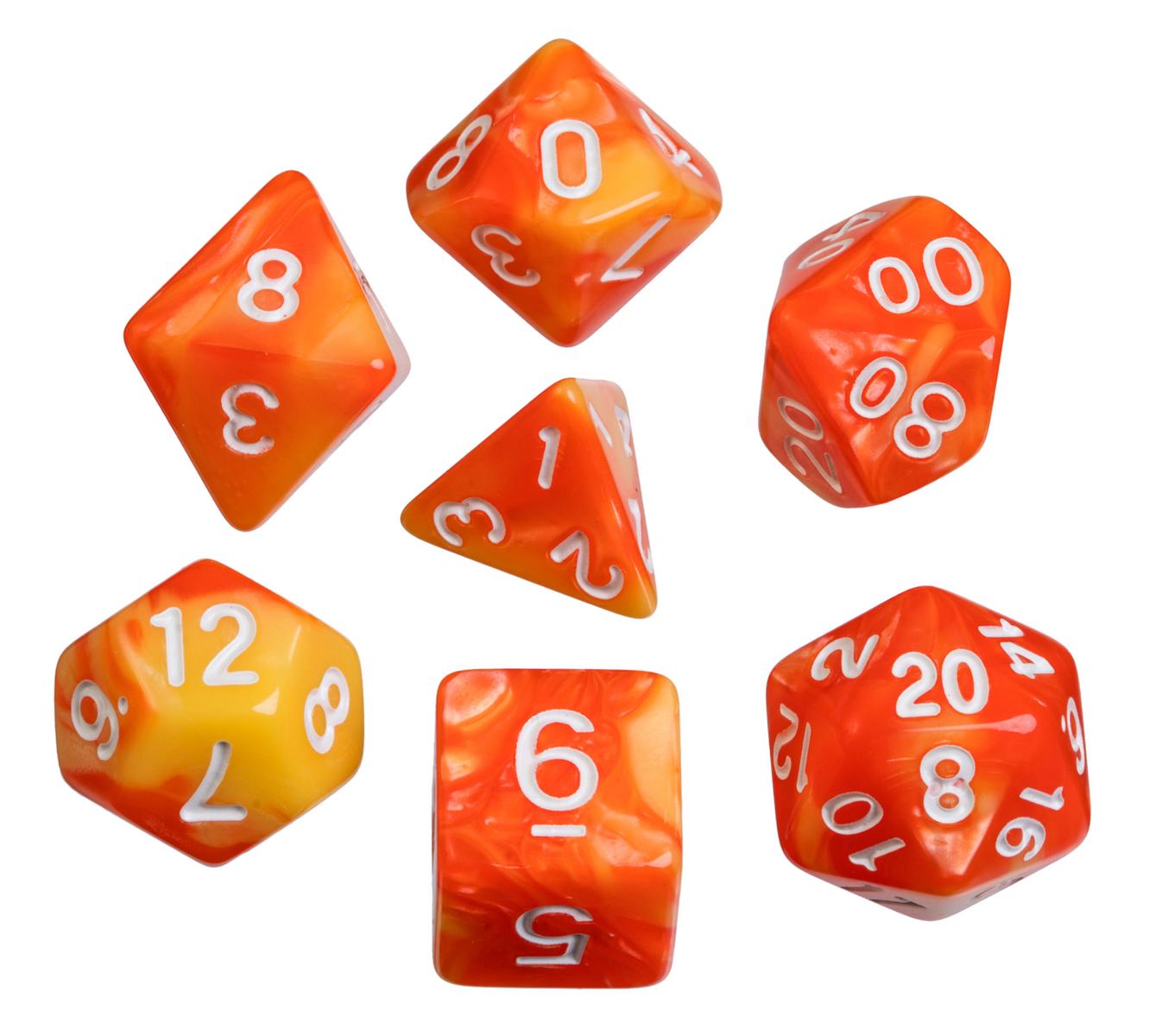 Dice, oblivion, orange, Set of 7 in acrylic box