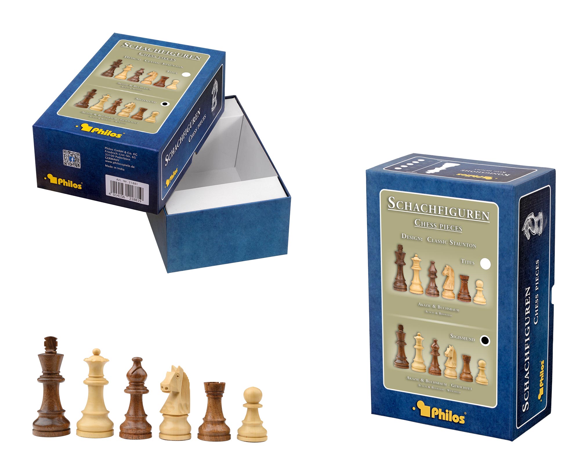 Schachfiguren Sigismund, Königshöhe 70 mm, in Set-Up Box