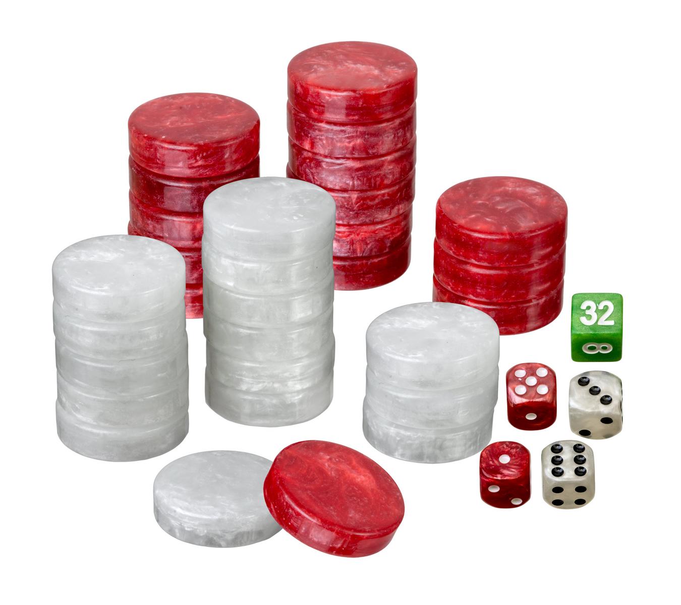 Spielsteine, Backgammon medium, 28 x 8 mm, Kunststoff, rot weiß, inkl. Würfel