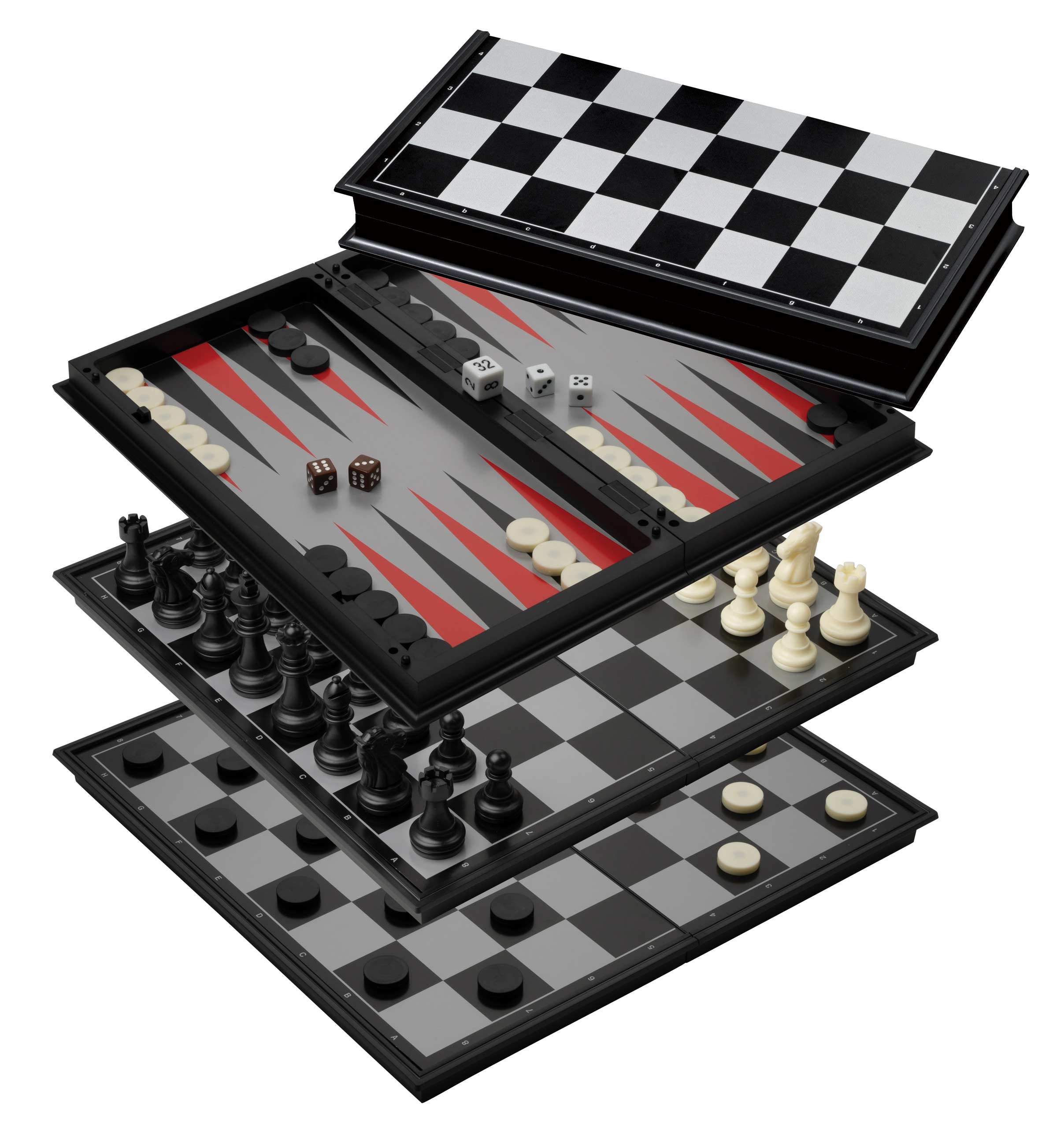 Schach Backgammon Dame Set, Kunststoff, Feld 37 mm, magnetisch