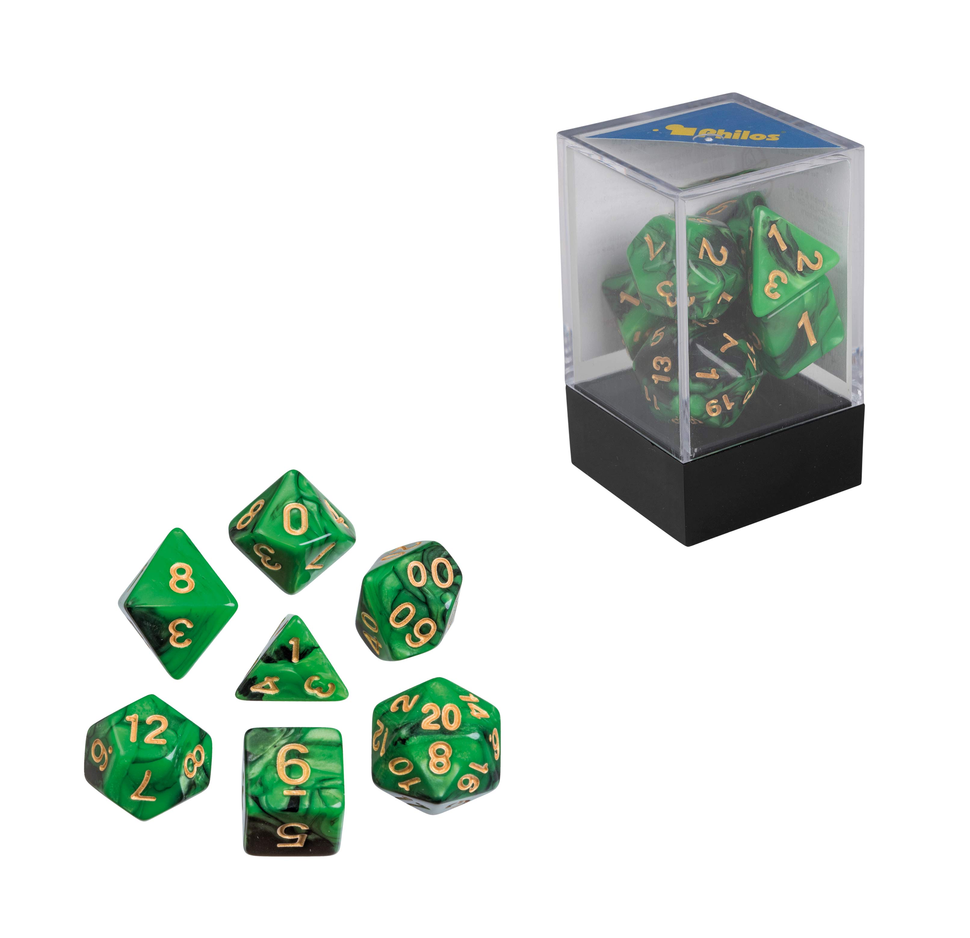 Dice, oblivion, green, Set of 7 in acrylic box