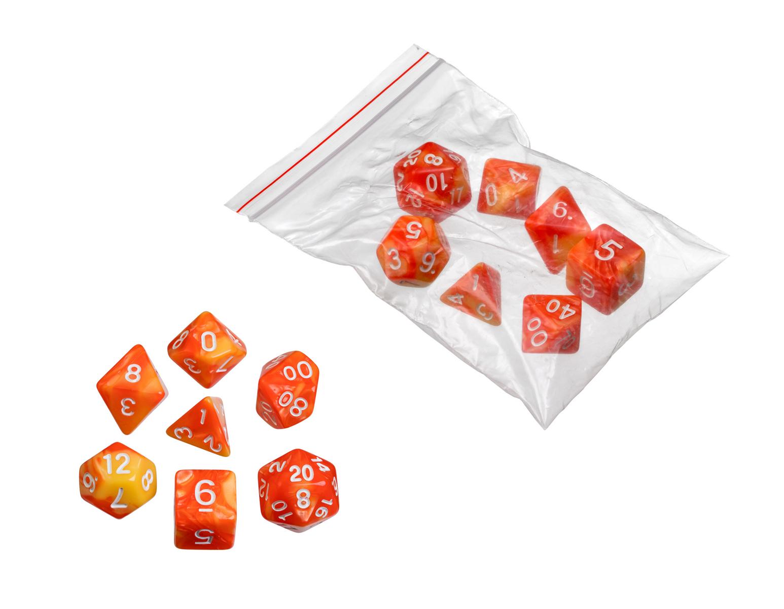 Dice, oblivion, orange, 7 pieces in polybag