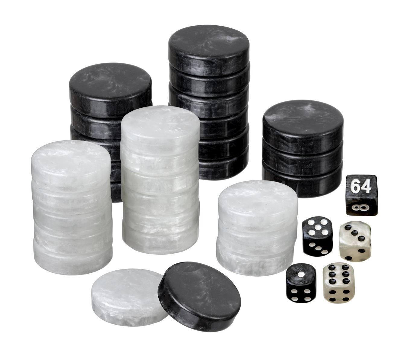 Spielsteine, Backgammon, groß, 34 x 10 mm, Kunststoff, schwarz weiß, inkl. Würfel