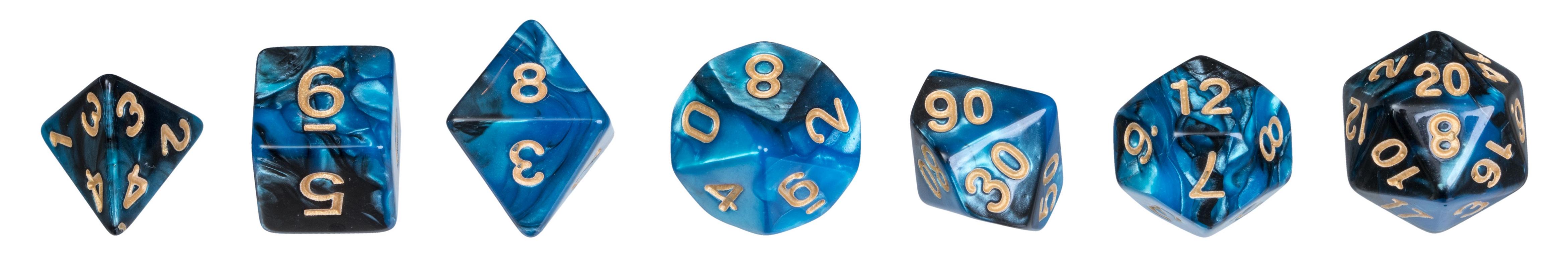 Dice, oblivion, blue, Set of 7 in acrylic box