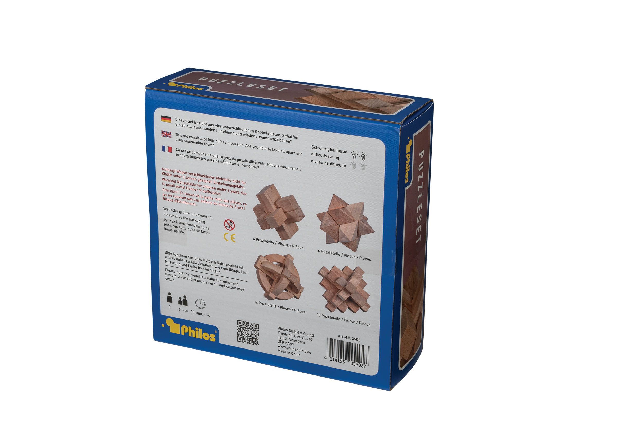 Puzzleset, number two, beech, 4 brainteasers